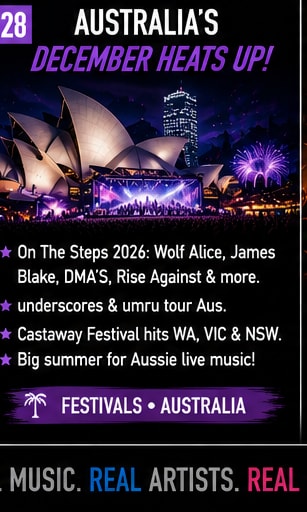 Australia builds an expansive December 2026 live music festival and touring schedule.