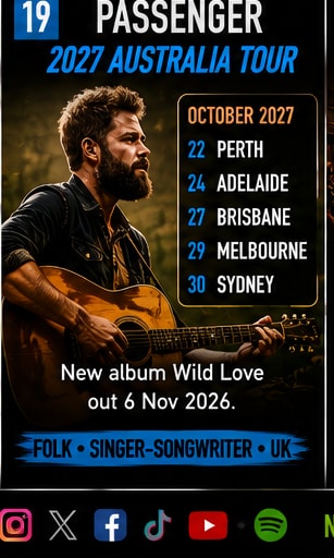 Passenger announces nationwide October 2027 Australian tour dates.