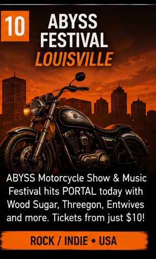Vintage motorcycle parked before Louisville skyline at ABYSS Festival.