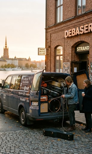 Swedish indie band tour van packed with gear preparing for autumn tour outside Stockholm club.