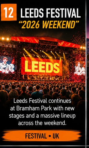 Leeds Festival main stage with glowing screens and massive audience at Bramham Park.