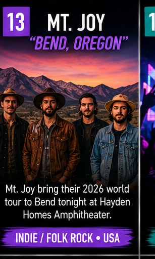 Mt. Joy band members in scenic mountain landscape ahead of Bend Oregon show.