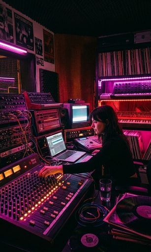 Nocturnal electronic studio synthesizers and mixing desk ahead of Mykki Blanco's CAFE PARADISO release.