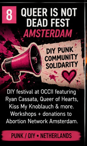 DIY punk community solidarity poster at Queer Is Not Dead Fest Amsterdam.