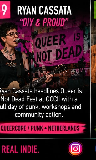 Ryan Cassata performing live with acoustic guitar at OCCII Amsterdam.