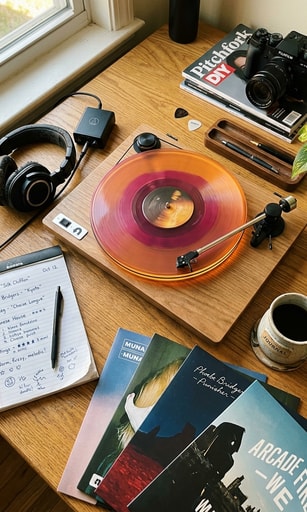 Curated indie record player desk with headphones and vinyl notebooks highlighting Today's Artist Pick.