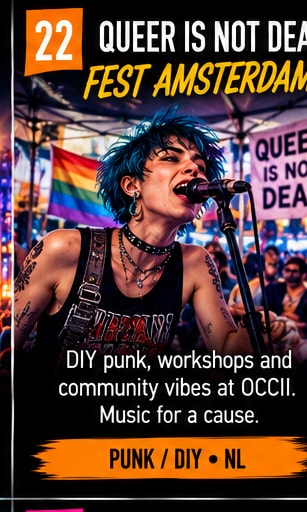 DIY punk community solidarity banner at Queer Is Not Dead Fest Amsterdam.