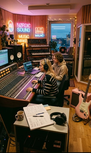 Malmo recording studio with mixing console and pink guitar previewing Wilma Holmes' upcoming album.