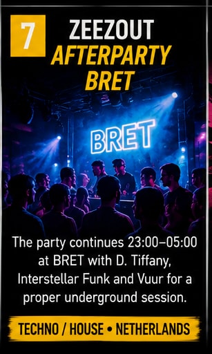ZeeZout afterparty crowd dancing at BRET Amsterdam under neon lights.