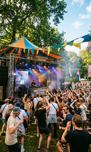 ZeeZout Festival celebrates its tenth edition in Amsterdam park with tent canopy and dancing crowd.