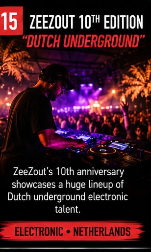 Dutch underground DJ performing behind decks at ZeeZout Festival Amsterdam.