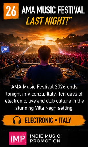 DJ performing at outdoor sunset stage before huge crowd at AMA Music Festival in Vicenza.