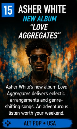 Asher White wearing sunglasses in front of a warm amber and starry visual backdrop.