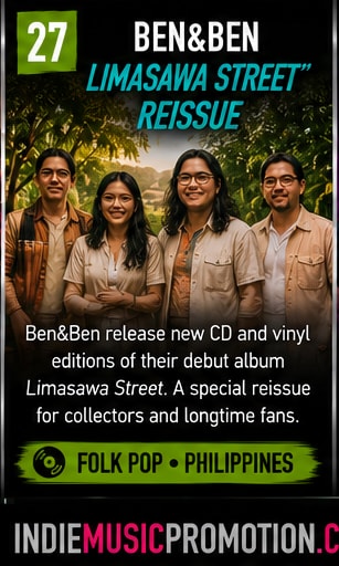 Ben&Ben band members smiling together in warm neutral outfits for Limasawa Street reissue.