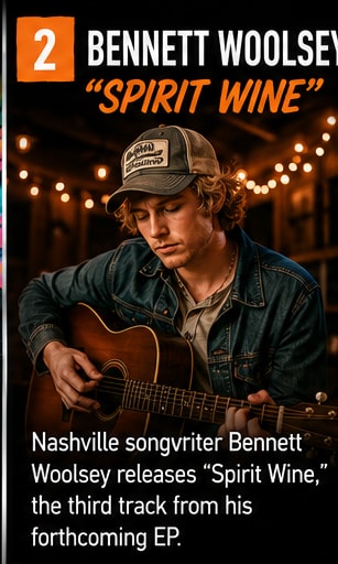 Bennett Woolsey playing acoustic guitar in a rustic Nashville venue.