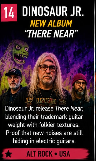 Dinosaur Jr. band members standing together under colorful stage backdrop.