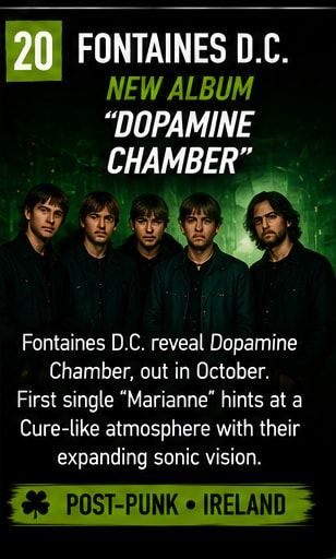Fontaines D.C. band members standing in dark jackets against a deep green backdrop.