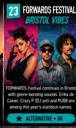 FORWARDS Festival artists framed in dual pink and teal artistic lighting in Bristol.