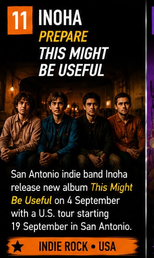 Inoha band members sitting together in an atmospheric alleyway in San Antonio.