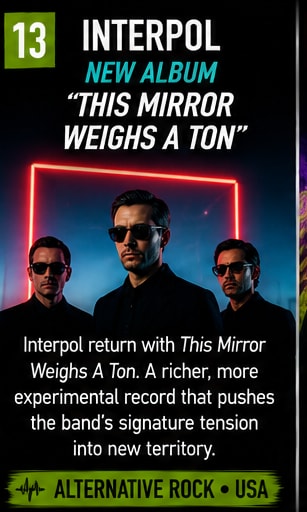 Interpol band members dressed in sharp black suits framed by red neon lighting.
