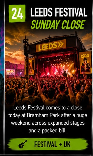 Enthusiastic crowd raising hands in front of Leeds Festival main stage at Bramham Park.