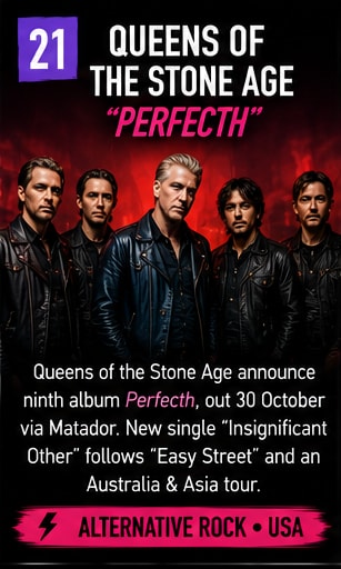 Josh Homme and Queens of the Stone Age in leather jackets under theatrical lighting.
