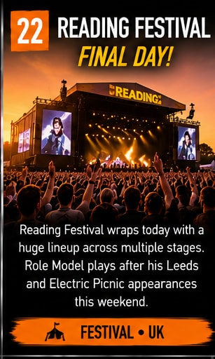 Crowds gathered at Reading Festival main stage under sunset illumination.