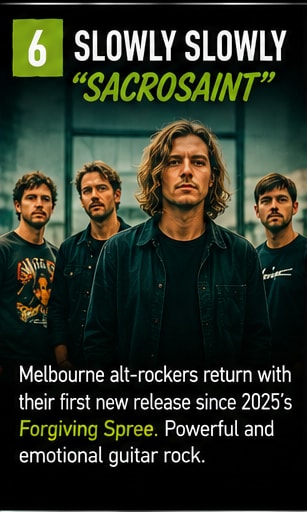 Slowly Slowly band lineup standing together outdoors in Melbourne.