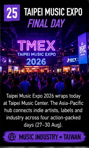 Concert crowd and purple neon TMEX 2026 banner inside Taipei Music Center.