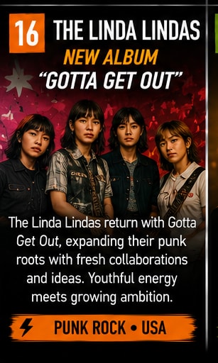 The Linda Lindas band members standing against an energetic red concert backdrop.