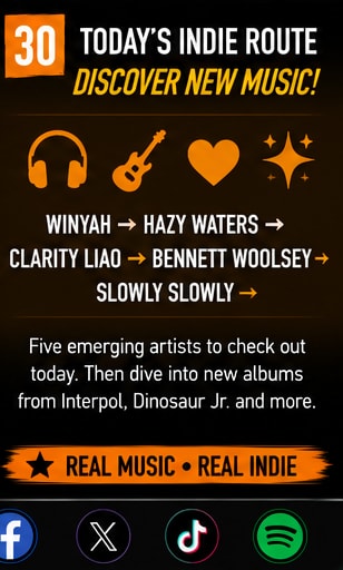 Today's Indie Route graphic with headphones, electric guitar, and glowing discovery icons.