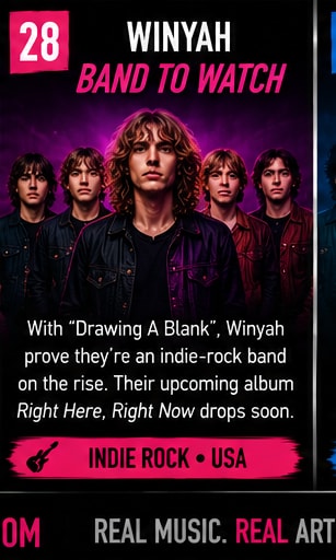 Winyah spotlighted as Today's Band to Watch with energetic red concert background.