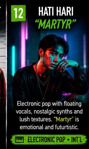 Hati Hari illuminated by synth wave neon grids and vintage studio monitors.