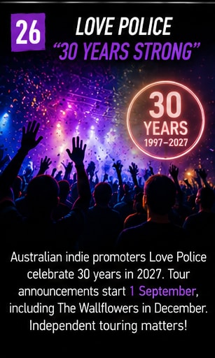 Love Police tour posters and retro concert stage equipment in an Australian venue.