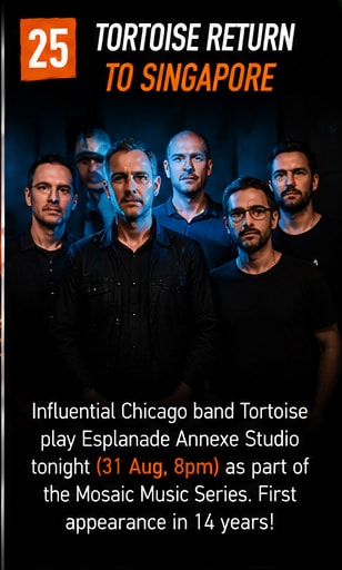 Tortoise performing live with dual drum kits, vibraphone, and vintage synthesizers.
