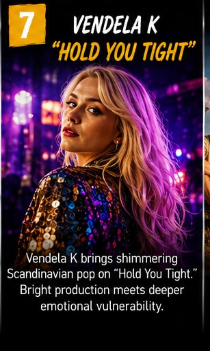 Vendela K glowing in neon studio lighting with retro synthesizers.