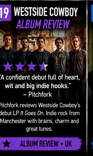 Westside Cowboy band members posing in Manchester against industrial brick facades.