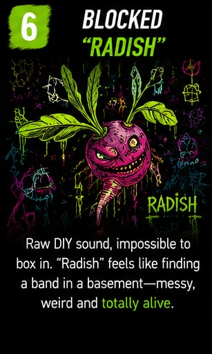 Hand-drawn underground DIY art featuring an eccentric neon radish on a dark textured background.
