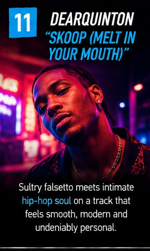 DearQuinton bathed in red and magenta neon city lights with soulful expression.
