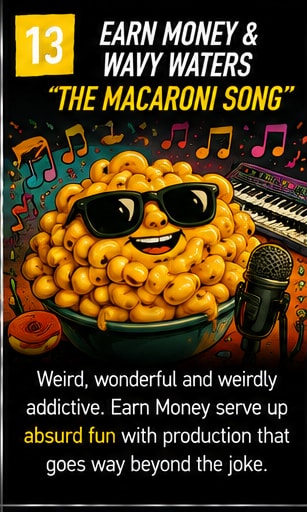Whimsical cartoon macaroni character with sunglasses smiling in a colourful music studio.