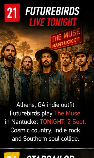 Athens cosmic country rockers Futurebirds in denim and wide-brim hats in Nantucket.