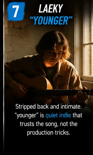 Laeky playing acoustic guitar softly by a window in natural morning light.