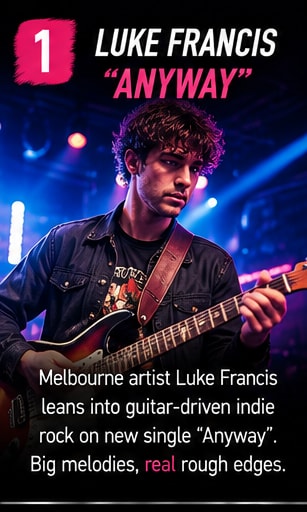 Melbourne indie artist Luke Francis playing electric guitar under vibrant blue and violet stage lights.