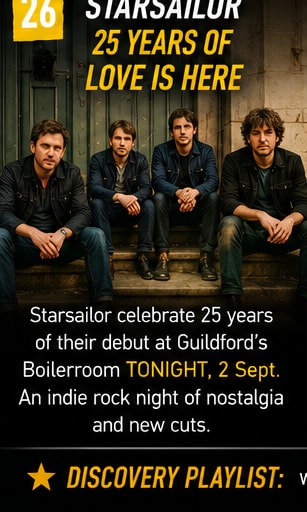 Members of Starsailor sitting together on urban stone steps in Guildford.