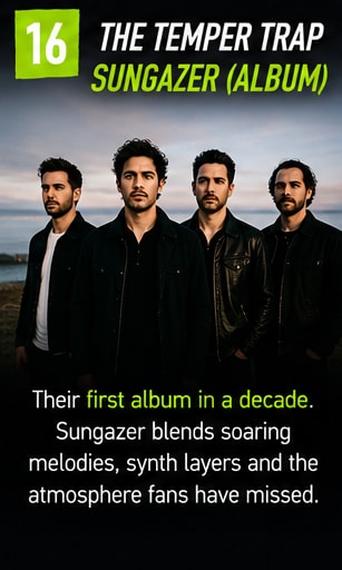 Members of The Temper Trap standing in leather jackets against a dramatic coastal twilight.