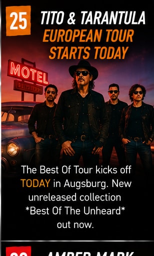 Chicano rock group Tito & Tarantula in black suits and hats beside a classic desert motel.