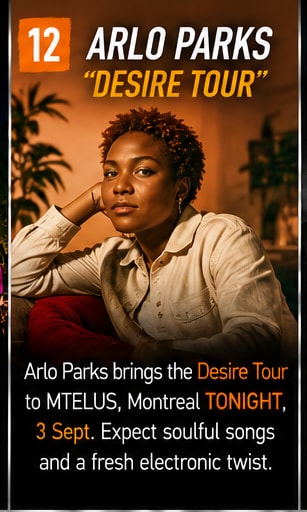 Arlo Parks singing into a microphone under warm pink and purple stage lights.