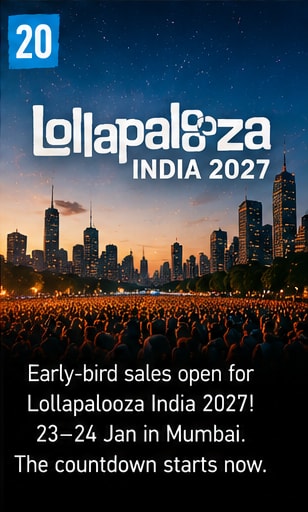 Crowd cheering in front of the main stage at Lollapalooza India in Mumbai.