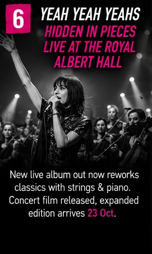 Karen O and Yeah Yeah Yeahs on stage surrounded by orchestral string players.
