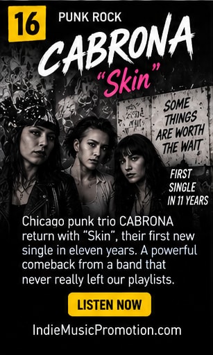CABRONA punk trio black and white band photo for Skin single.